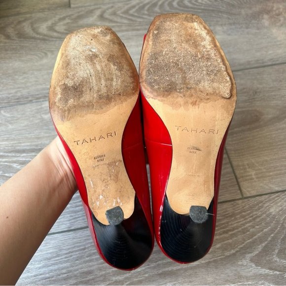 Tahari RIDDLE Red Patent  Leather Heels Open Square Toe Pumps - Picture 9 of 15
